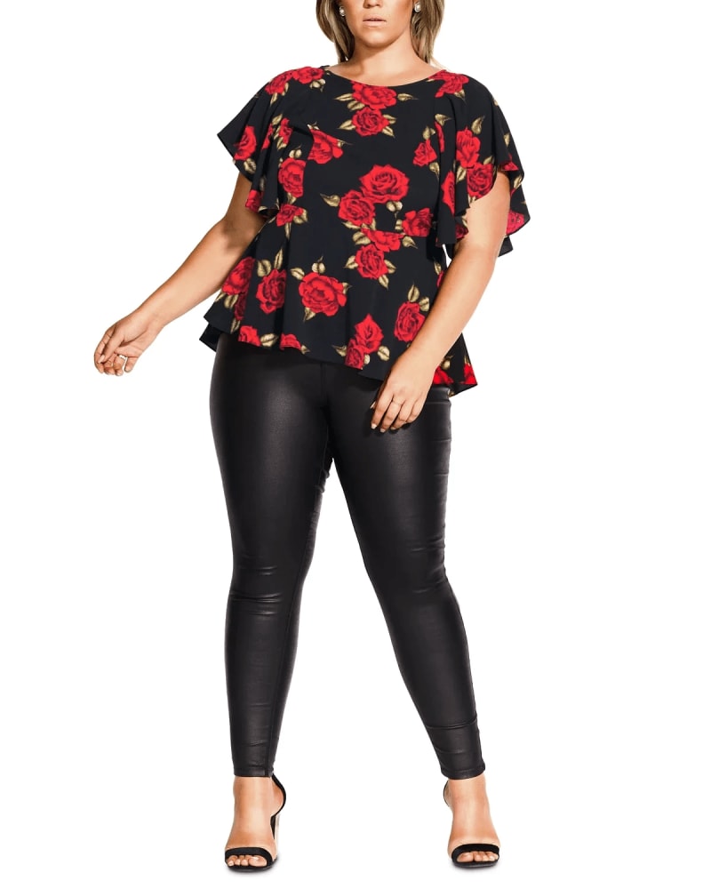 Front of a model wearing a size 22W City Chic Women's Trendy Plus Size Rose Liaison Top Black Size 22W in Black by City Chic. | dia_product_style_image_id:311222